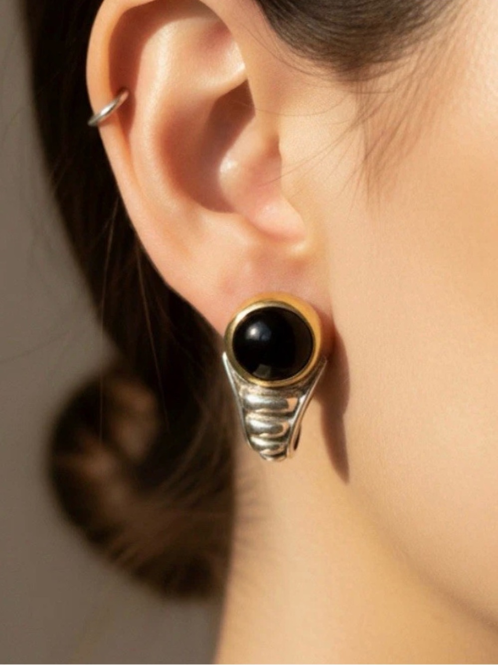 Lagos Silver, Gold, Black Onyx Cabochon Earrings